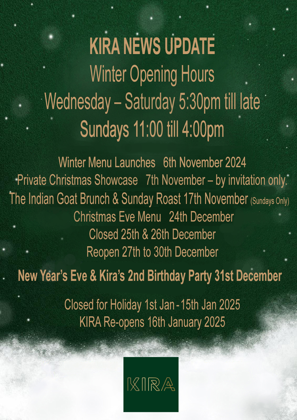 What's on at Kira Bistro and Bar until 31st December 2024